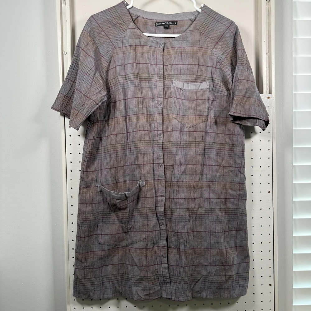 Gudrun Sjödén Tunic Women Gray Checkered Snap Short Sleeve‎ Classic Top - Small